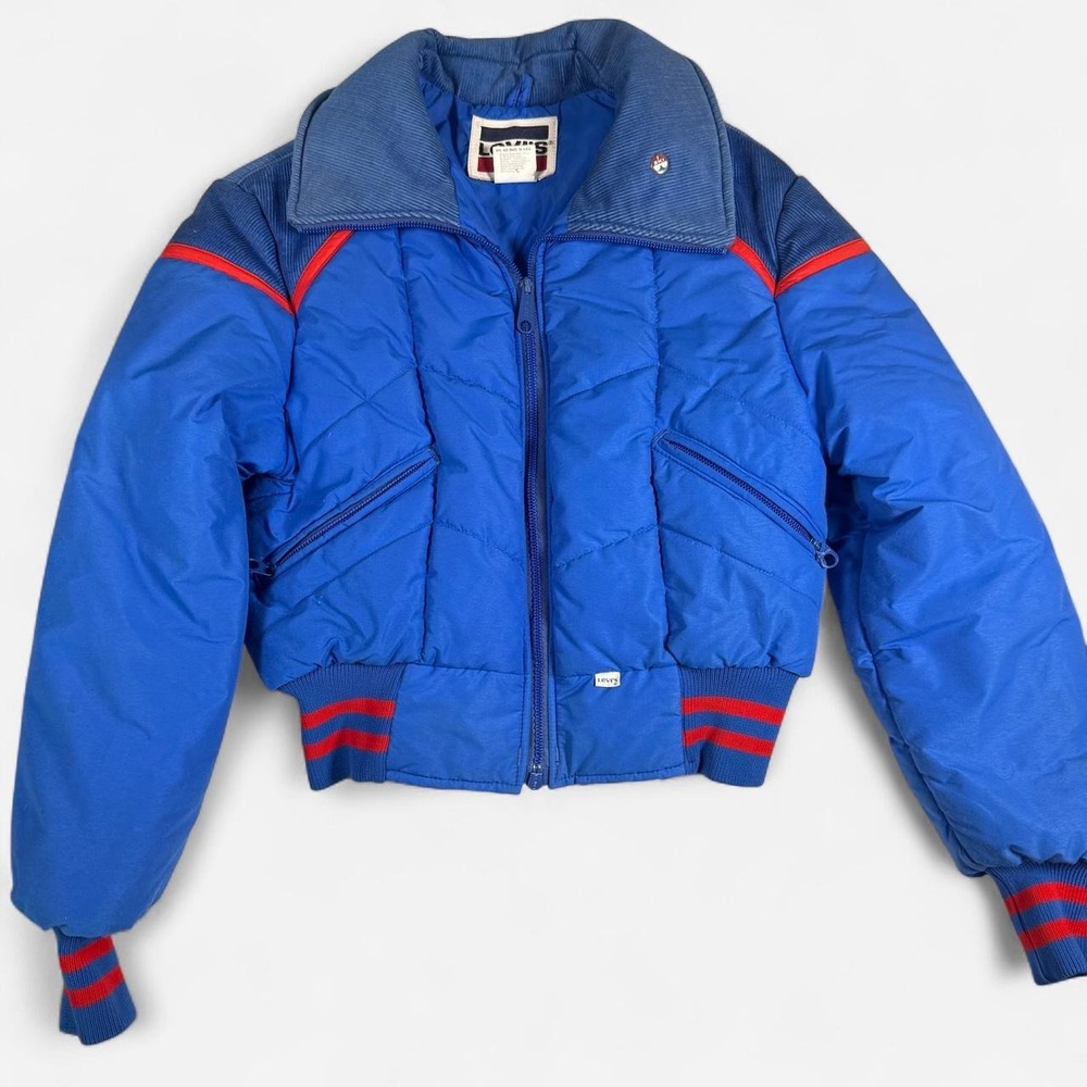 Vintage 70s Levis Blue Puffer Ski Jacket Corduroy Trim Made in USA Womens Small